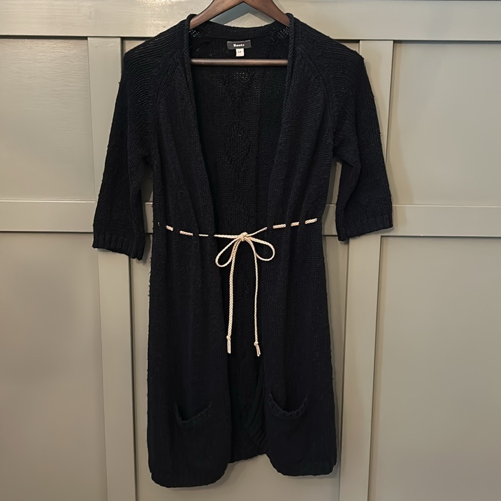 Roots Canada Longline Cardigan Sweater Black Linen Cotton Tie Front Size Small